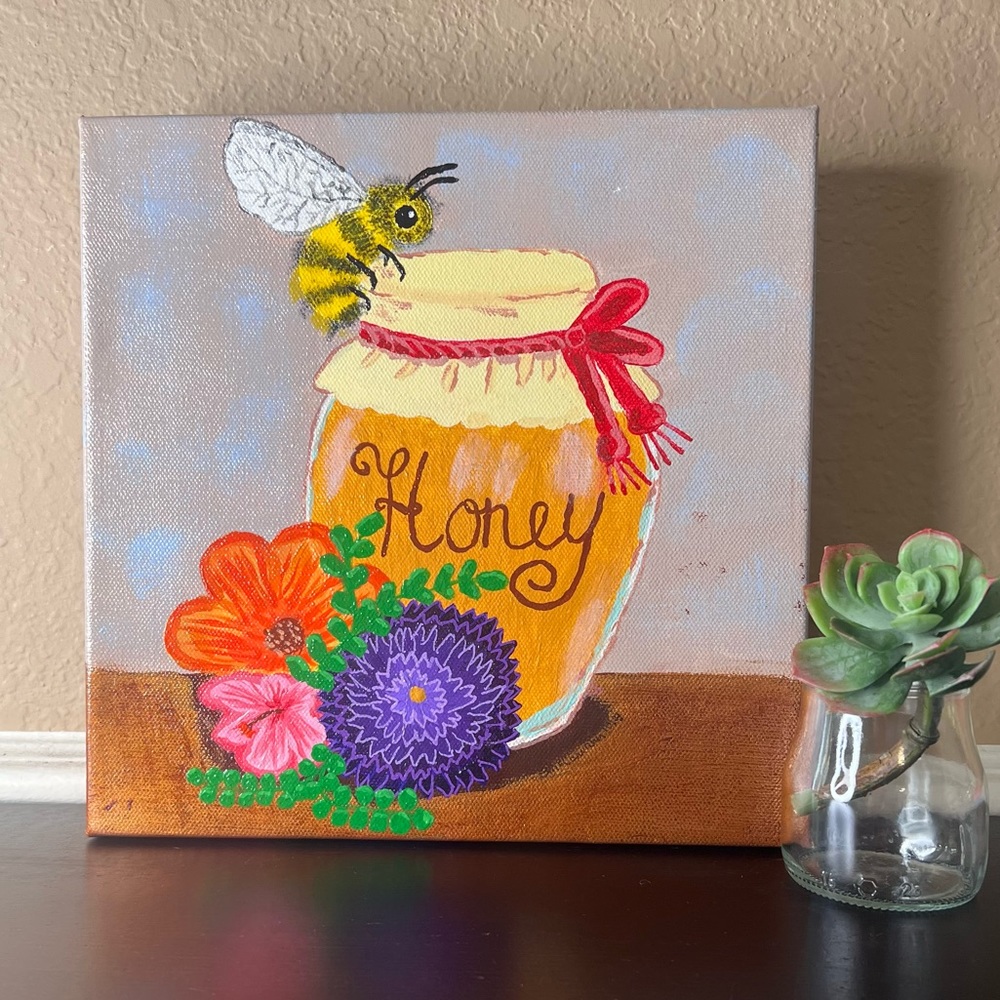 Vintage Original Acrylic Painting Honey Jar Still Life, Bee, Bumblebee, Floral